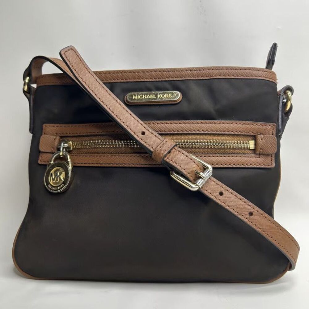 Michael Kors Jet Set Nylon Crossbody Bag Brown Black Leather Trim Logo Purse